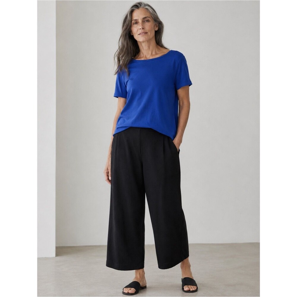 Eileen Fisher Organic Cotton Short Sleeve Bateau Neck Top Royal Blue Medium NWOT